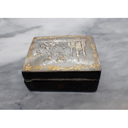 134 - A Continental rectangular Snuff Box the hinged lid with mother of pearl inlaid castle and flowers wi... 