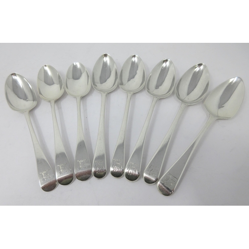 149 - Eight George III silver Dessert Spoons, Old English pattern, engraved crests, various dates