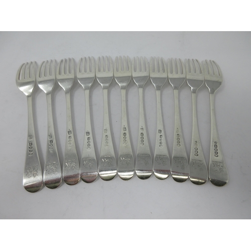 152 - Eleven George III silver Dinner Forks, Old English pattern, engraved lion crests, London 1791 x 9, 1... 