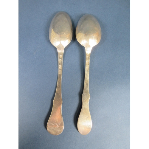 157 - Two 18th Century Danish silver Table Spoons, shaped fiddle pattern engraved 'Susan' and 'Tom', one d... 