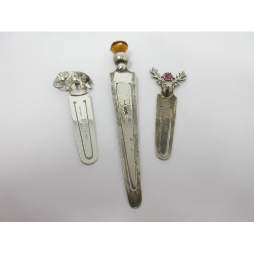 163 - Three George V silver Bookmarks with stag, elephant and hardstone finials, Birmingham 1924/27 & 33