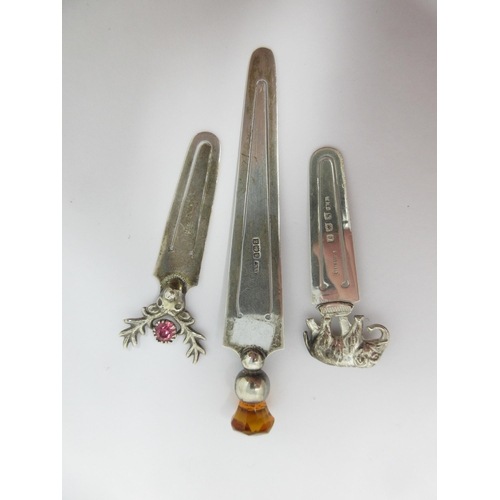 163 - Three George V silver Bookmarks with stag, elephant and hardstone finials, Birmingham 1924/27 & 33