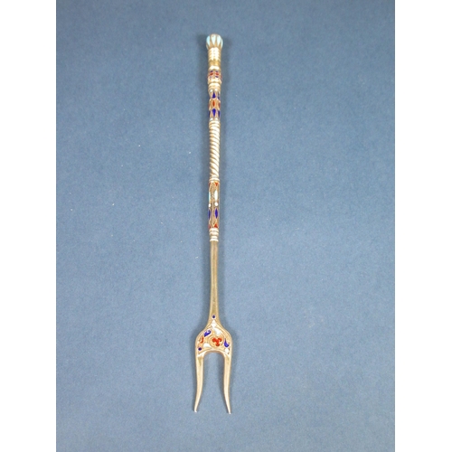 184 - A Russian silver and enamel Fork with spiral stem, blue, red and turquoise decoration, 8in