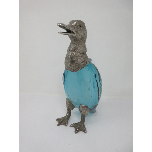 210 - A blue glass Decanter with plated mounts in the form of a duck with hinged head and pouring through ... 