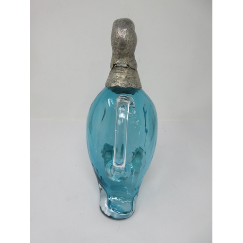 210 - A blue glass Decanter with plated mounts in the form of a duck with hinged head and pouring through ... 