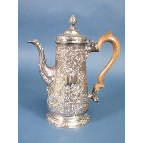 230 - A George II silver Coffee Pot with floral and scroll embossing, pear wood handle, Newcastle 1750, 91... 