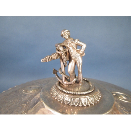 234 - A Victorian silver Pedestal Bowl and Cover, the lid with figure and anchor finial, four embossed ova... 