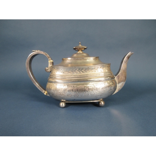 244 - A George III silver three-piece Tea Service of boat shape, engraved leafage friezes, London 1814, ma... 