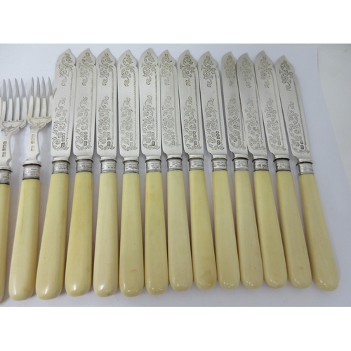 251 - One dozen Victorian Fish Knives and Forks with engraved silver blades, Sheffield 1900