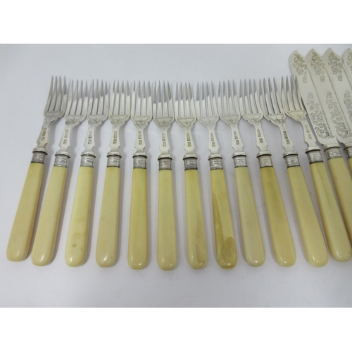 251 - One dozen Victorian Fish Knives and Forks with engraved silver blades, Sheffield 1900