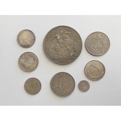 326 - George IV (1820-1830) Crown 1821, Shillings 1826 and 1827, Sixpences 1829 x 2, 4d 1822, 3d 1822 and ... 