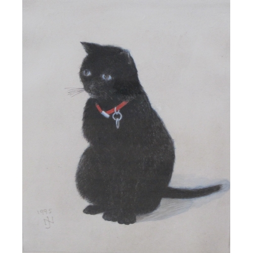 383 - JOHN NAPPER (1916-2001). 'Bruno'. A black cat signed with monogram and dated 1995, watercolour, 16½ ... 