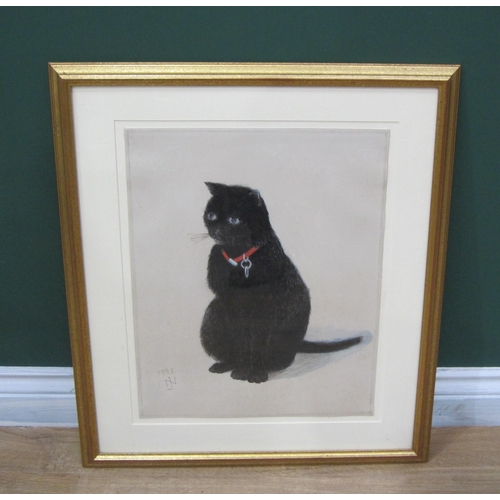 383 - JOHN NAPPER (1916-2001). 'Bruno'. A black cat signed with monogram and dated 1995, watercolour, 16½ ... 