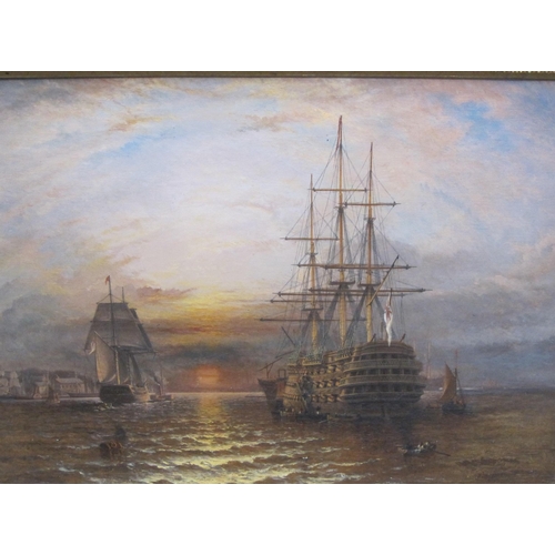 387 - ENGLISH SCHOOL, CIRCA 1860. A Man- O'-War and other shipping off a port at sunset, oil on canvas, 12... 