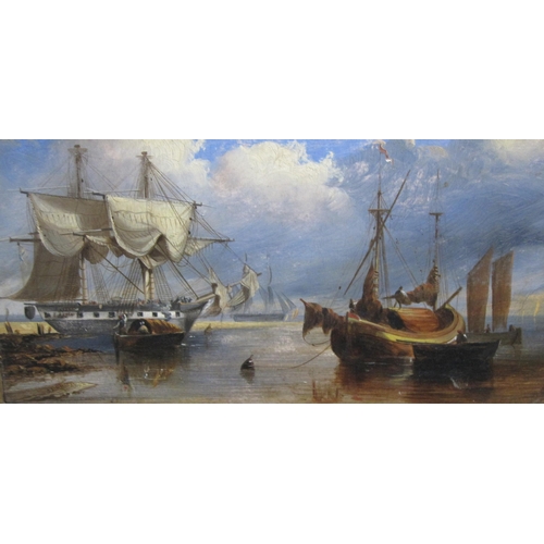 387 - ENGLISH SCHOOL, CIRCA 1860. A Man- O'-War and other shipping off a port at sunset, oil on canvas, 12... 