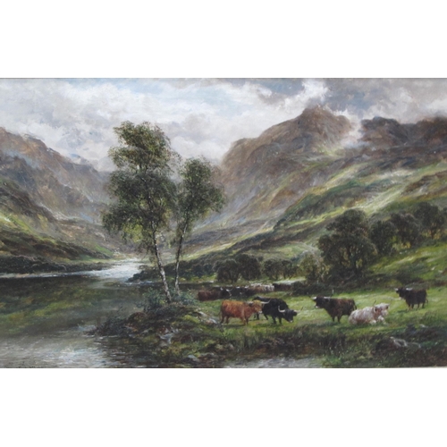 394 - WILLIAM LANGLEY (1852-1922) Highland Cattle by a river in a Glen, signed, oil on canvas, 20 x 30½ in