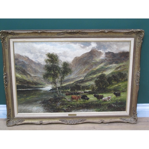 394 - WILLIAM LANGLEY (1852-1922) Highland Cattle by a river in a Glen, signed, oil on canvas, 20 x 30½ in