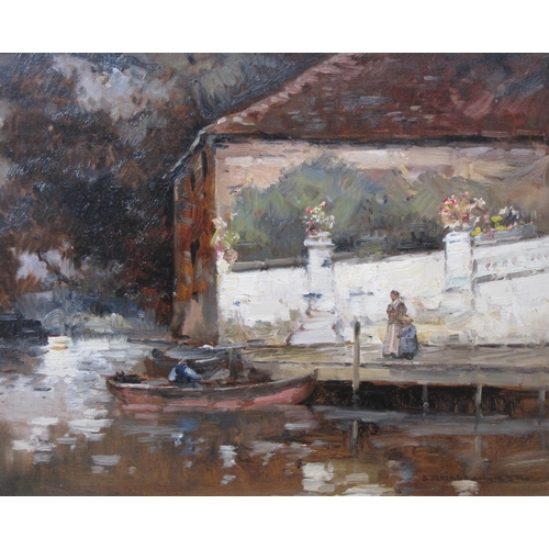 410 - JOHN MUIRHEAD RSA (1863-1927).The Landing Stage, signed, indistinctly inscribed  'White house .. St.... 