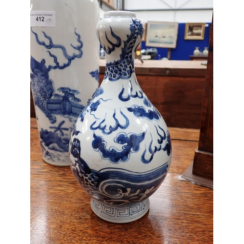 412 - A Chinese blue and white Vase, decorated dragons and trees in a landscape, 13in H, and a Chinese blu... 