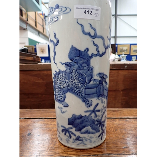 412 - A Chinese blue and white Vase, decorated dragons and trees in a landscape, 13in H, and a Chinese blu... 