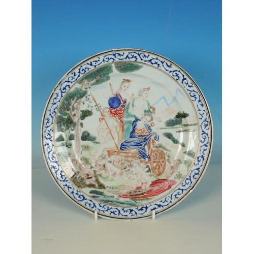 418 - A Chinese famille rose Plate, decorated figures and cherubs with chariot in a landscape, 9in diamete... 