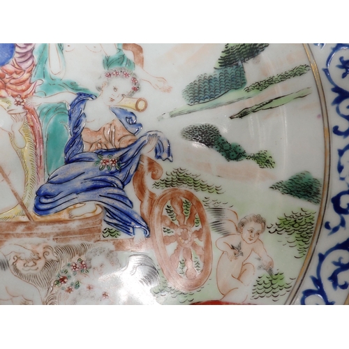 418 - A Chinese famille rose Plate, decorated figures and cherubs with chariot in a landscape, 9in diamete... 