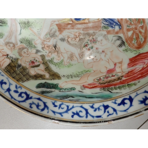 418 - A Chinese famille rose Plate, decorated figures and cherubs with chariot in a landscape, 9in diamete... 