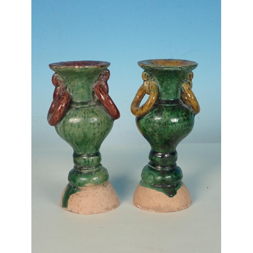 429 - Two small Ming Dynasty ornamental Vases with ring handles and green and brown glazes, 4 1/2in H