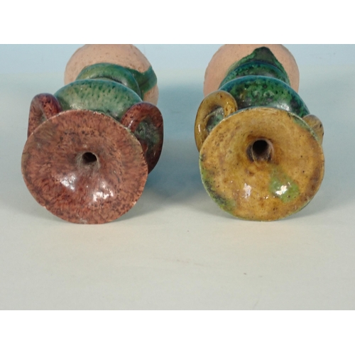 429 - Two small Ming Dynasty ornamental Vases with ring handles and green and brown glazes, 4 1/2in H