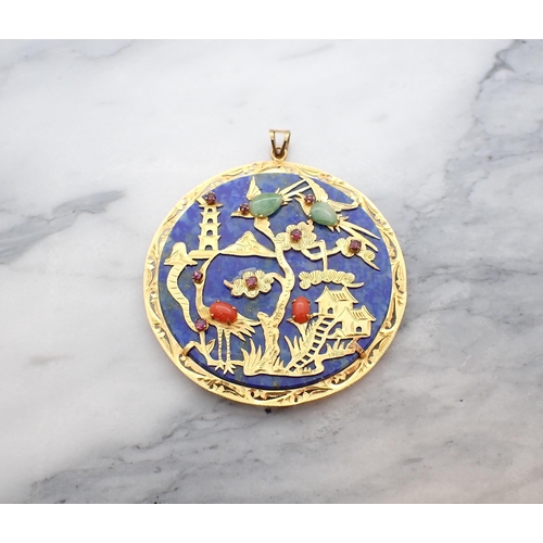 43 - A Chinese gem-set Lapis Lazuli Pendant the disc applied gold mounts depicting landscape scene with b... 