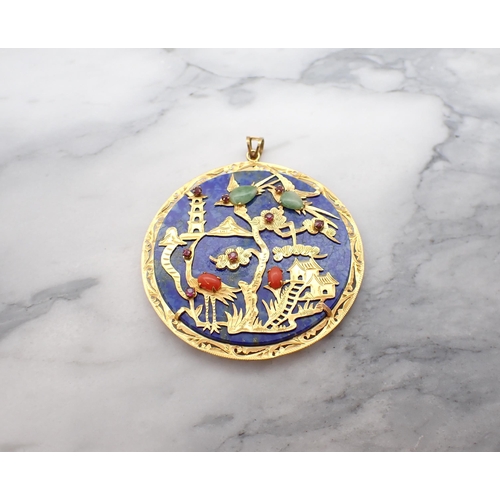 43 - A Chinese gem-set Lapis Lazuli Pendant the disc applied gold mounts depicting landscape scene with b... 