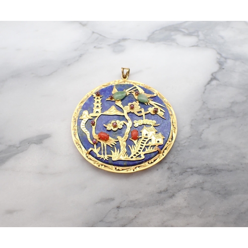 43 - A Chinese gem-set Lapis Lazuli Pendant the disc applied gold mounts depicting landscape scene with b... 