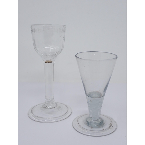 449 - A Georgian Wine Glass with facet cut bowl and engraved border, on a plain stem, 5½ in H, and a squat... 