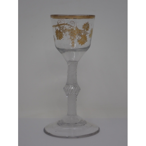 450 - A Georgian 'Giles' bell-shaped Wine Glass with gilt fruiting vine and other leafage decoration on kn... 