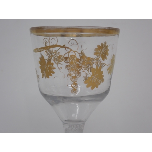 450 - A Georgian 'Giles' bell-shaped Wine Glass with gilt fruiting vine and other leafage decoration on kn... 