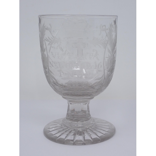 452 - An engraved glass Rummer with Masonic cut detail for the Loyal Victoria No Lodge 16, P-N-O-F, 1841, ... 