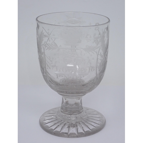 452 - An engraved glass Rummer with Masonic cut detail for the Loyal Victoria No Lodge 16, P-N-O-F, 1841, ... 