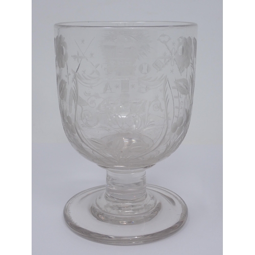 453 - An engraved glass Rummer with Masonic cut detail, crown with shield under engraved initials 'RCW', f... 