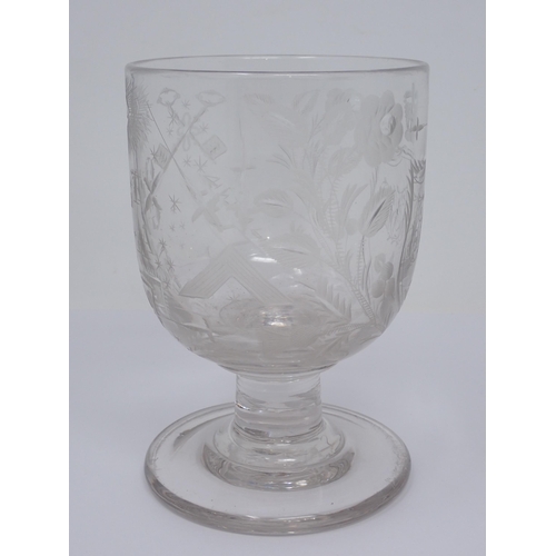 453 - An engraved glass Rummer with Masonic cut detail, crown with shield under engraved initials 'RCW', f... 