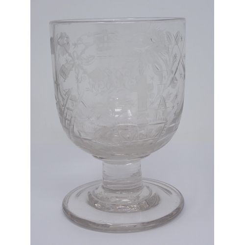 453 - An engraved glass Rummer with Masonic cut detail, crown with shield under engraved initials 'RCW', f... 