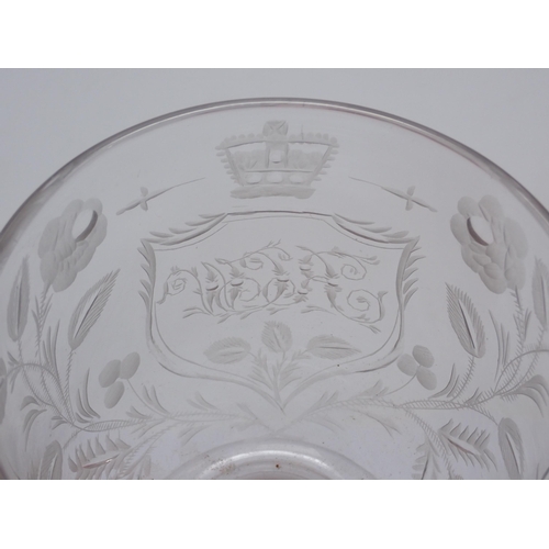 453 - An engraved glass Rummer with Masonic cut detail, crown with shield under engraved initials 'RCW', f... 