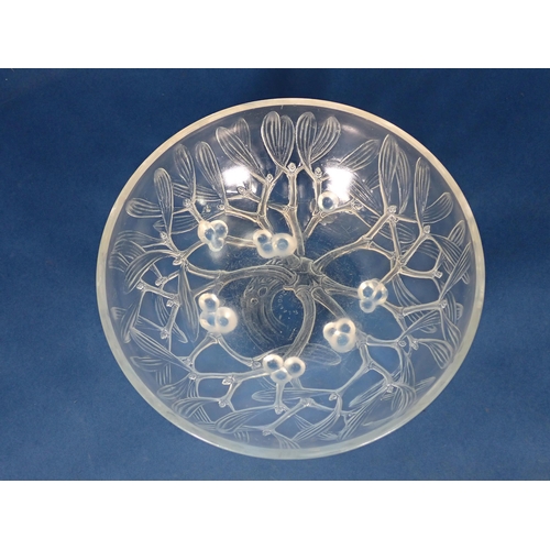 458 - An R. Lalique circular glass Bowl with mistletoe design, interior surface scratched, 8in Diam