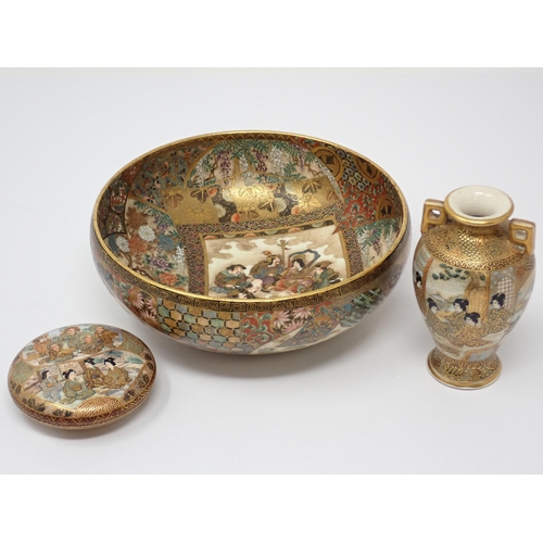 461 - A Satsuma circular Bowl, 6in D, a small two-handled Vase, 3½in H, and a flat circular lidded Trinket... 