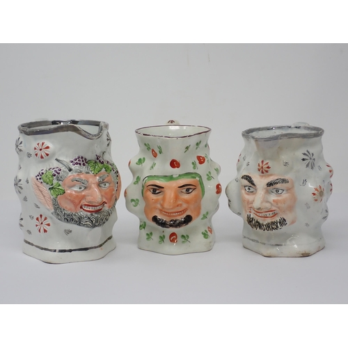 467 - Three early 19th Century Satyr Mask Jugs by Thomas Harley, Lane End, brightly coloured features, red... 