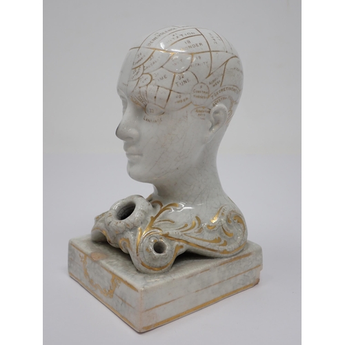 469 - A Phrenology head Inkstand with ink and pen apertures on oblong base, the whole decorated gilt and d... 