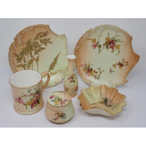 470 - A Royal Worcester Mug, moulded tapering Vase, lidded Trinket Dish, and a pair of shaped Plates with ... 