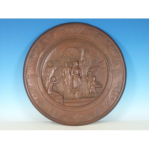 507 - A large Elkington electrotype Plaque dated 1889, with design of servants tending a female figure and... 