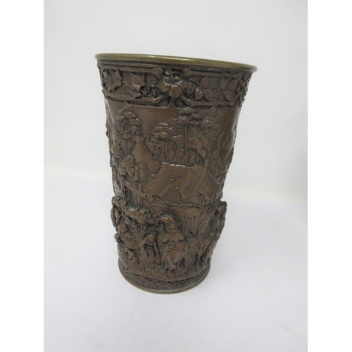 509 - A pair of bronzed Beakers of tapering form relief decorated merrymaking figures in village scene, 5¼... 