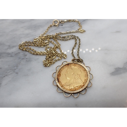 281 - A Victorian Sovereign 1899 in 9ct gold pendant mount on fine chain, approx 13.80gms all in