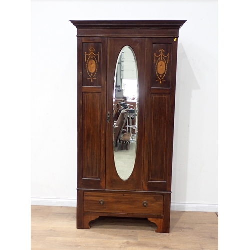 803 - An Edwardian mahogany and inlaid mirror door Wardrobe fitted single drawer 6ft 4in H x 3ft 4in W